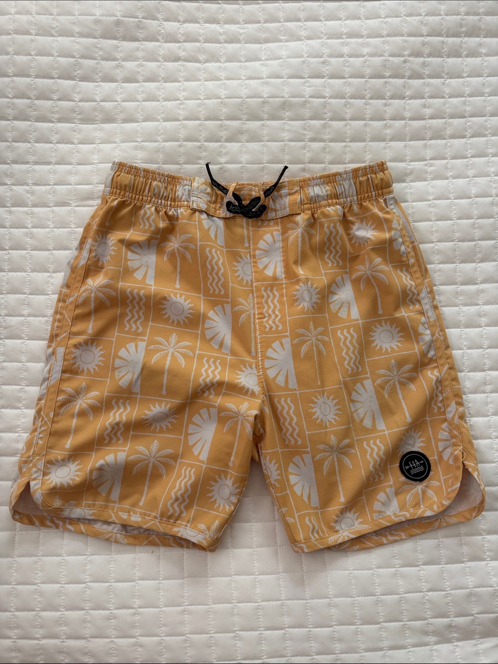 Kids Yellow Palm-Print Swim Trunks with Drawstring